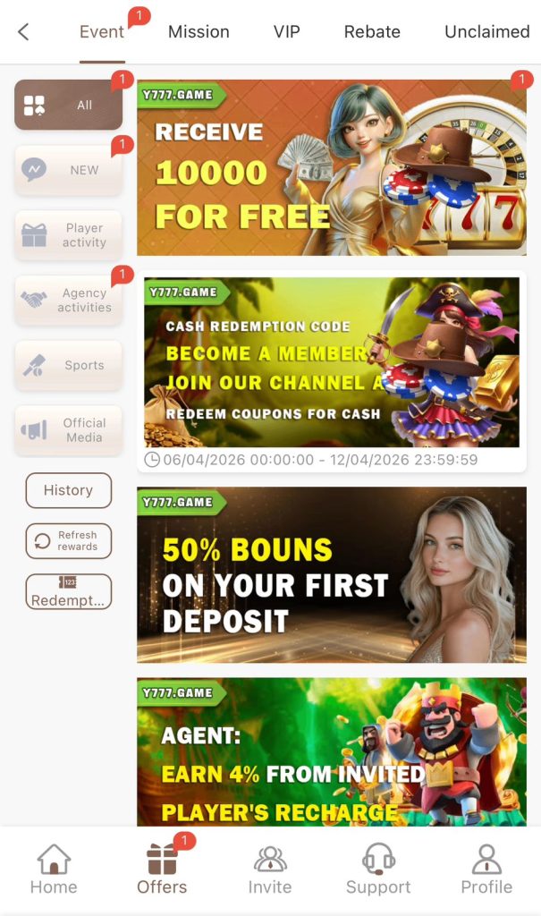 Y777 game APK 2026 login screen