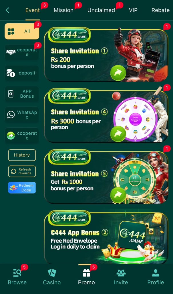 C444 Game mobile gameplay featuring card games, slot-style games, and a user-friendly interface.