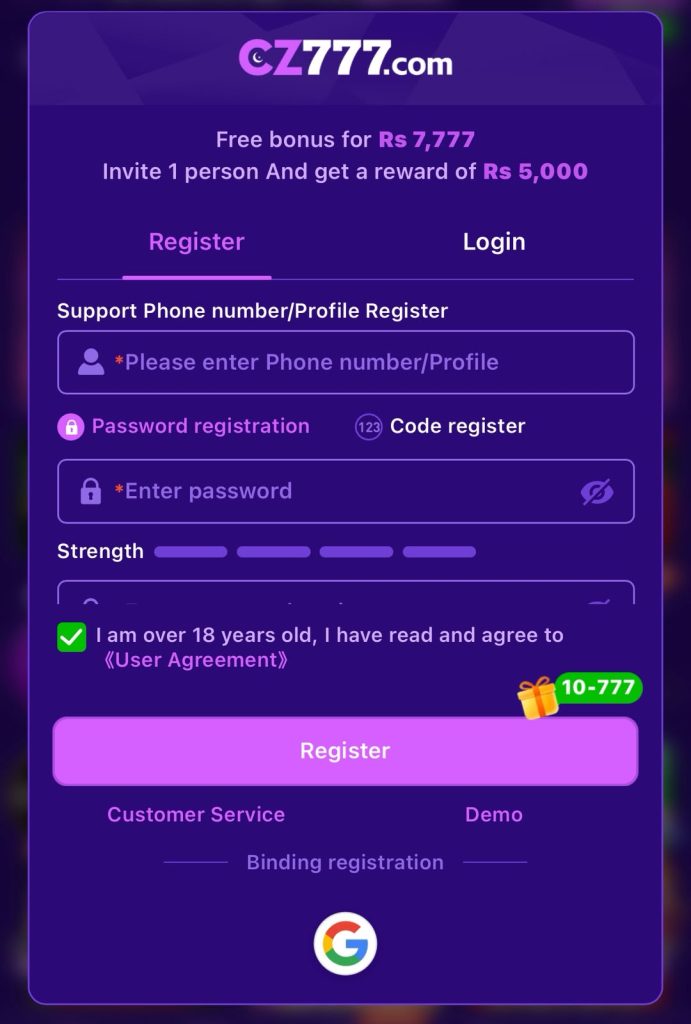 XC777 Game APK download interface showing secure registration, mobile gaming features, local payment methods, and a user-friendly dashboard for Pakistani users.