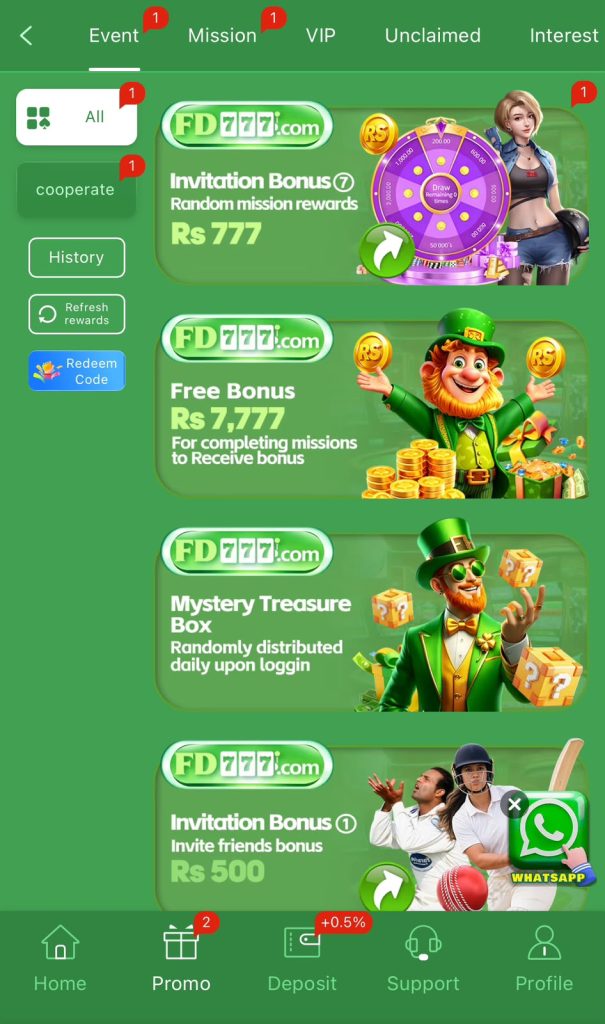 FD777 Game rewards page showing daily login bonus, promotions, and referral rewards.